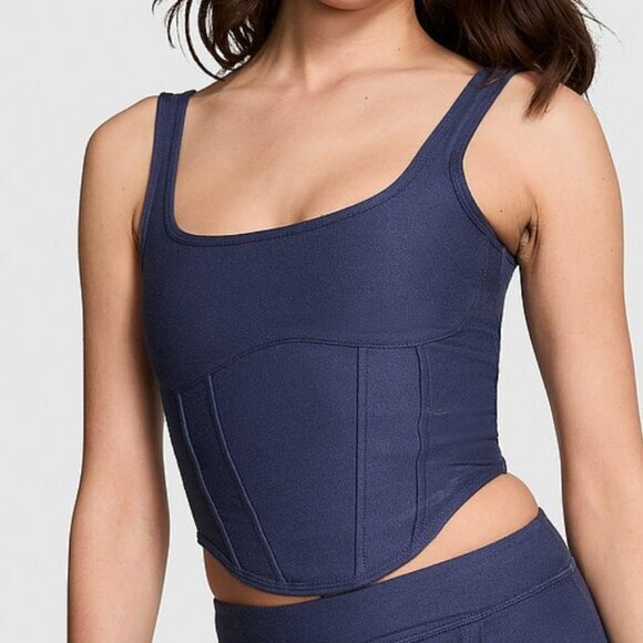 NEW NWT VS PINK VICTORIA'S SECRET Cinched Piqué Corset Top Navy Blue Crop Top L - Picture 3 of 16